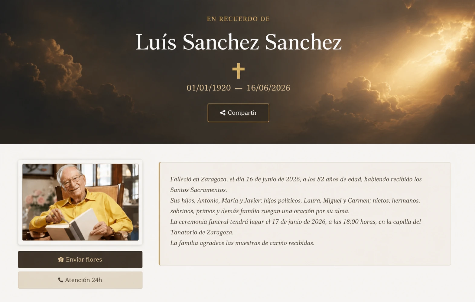 Esquela online publicada en la web de una funeraria