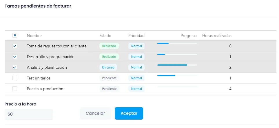 Facturación de tareas