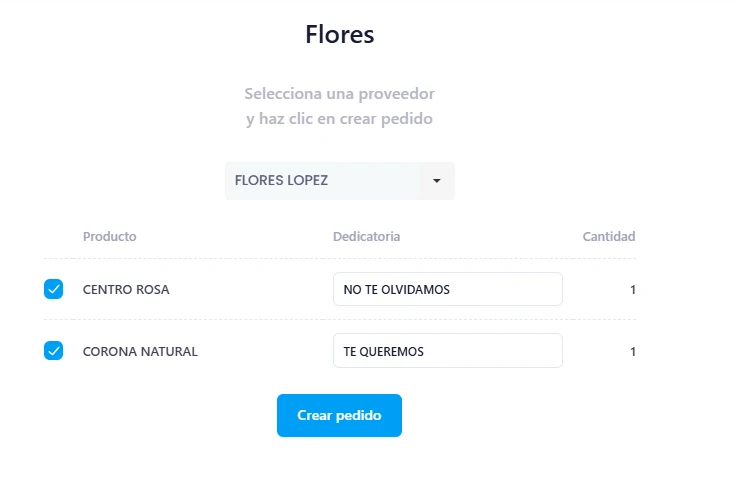 Pedido de flores para funeraria enviado desde el expediente